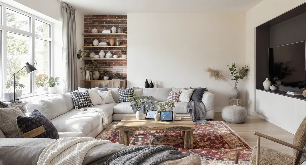 Open-plan living room showcases ai home design for fusion interiors, with layered eclectic furniture, modern tech, and ai interior design tools for mixed styles.