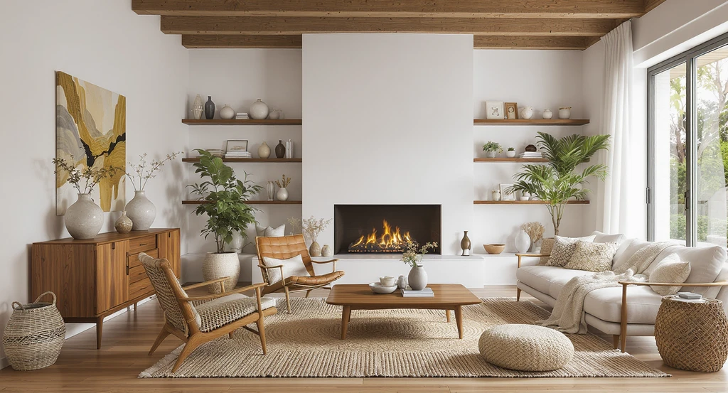 Editorial-quality living room illustrating ai home design for fusion interiors, combining minimalist and vintage elements with layered organic textures and personal accents.