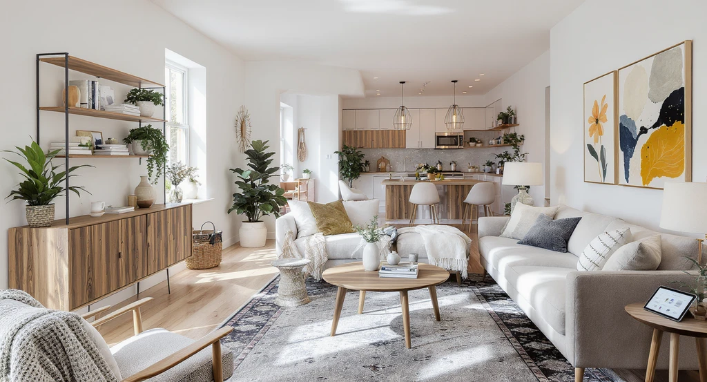 Photorealistic open-plan living room with fusion interiors, blending styles and layered decor. Tablet displaying ai home design for fusion interiors tool.