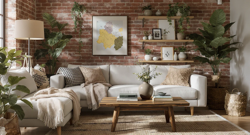 Fusion interior design living room with layered furniture, personal items, natural textures, and warm eclectic details—created using ai home design tools.