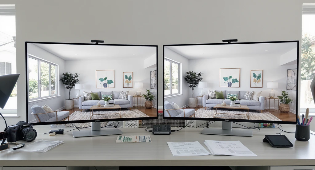 Realistic setup showing california mls requirements for digitally altered images: side-by-side original and edited MLS photos of a staged home with mls compliant real estate photo editing, illustrating what counts as digital alteration under AB 723 and how to avoid mls image violations in california.