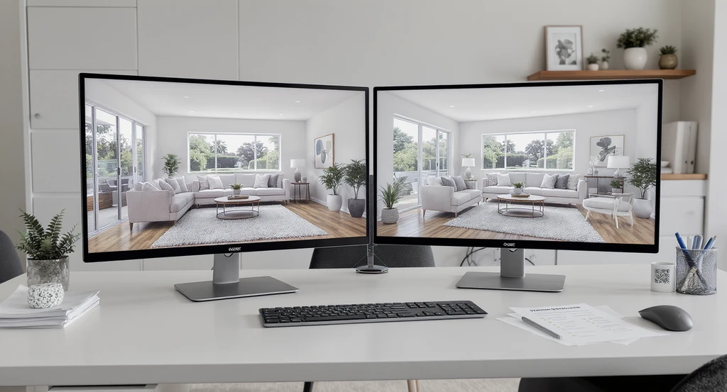 Side-by-side display of original and digitally altered California MLS listing images on office monitors, with disclosure forms, showing what counts as digital alteration under AB 723 and illustrating compliance with mls requirements for digitally altered images.