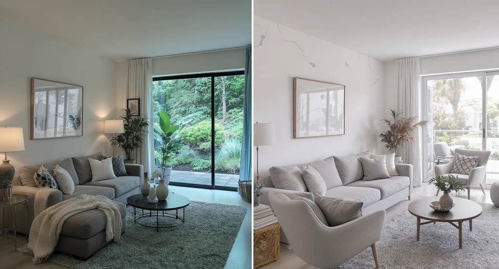 Side-by-side image of two identical California living rooms: one digitally altered to be flawless, the other unedited and natural, illustrating california mls requirements for digitally altered images, disclosure rules for altered mls photos, mls compliant real estate photo editing, and what counts as digital alteration under ab 723 for how to avoid mls image violations in california.
