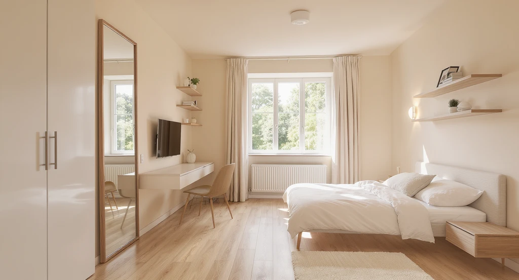 Bright small room with large mirror, layered lighting, floating shelves, minimalist uncluttered furniture, and harmonious neutrals. Interior design tips for making small spaces feel bigger and aphantasia friendly home design strategies.