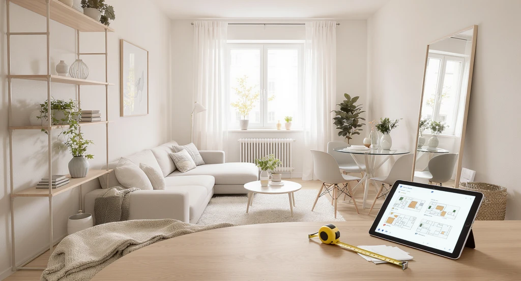 Photo of a small apartment living-dining area with minimal furniture, mirror reflecting light, a tablet showing room layouts, and décor swatches—an aphantasia-friendly setup for visualizing how to make small rooms feel bigger.