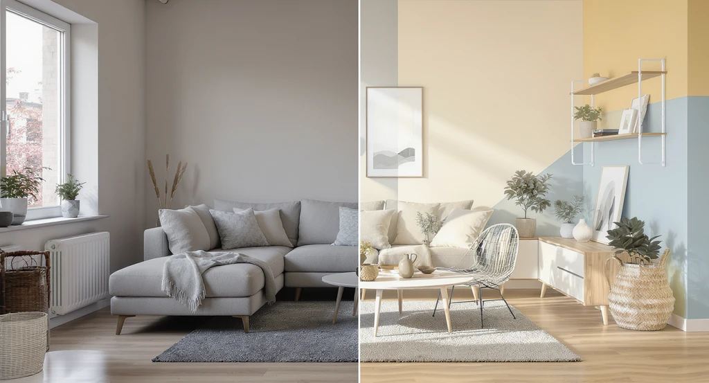 Split-view of a compact living room with one side showing the current space and the other side overlaid by a photorealistic design simulation, highlighting aphantasia-friendly home design strategies and tools that help visualize room changes and make small rooms feel bigger, even with a limited imagination.