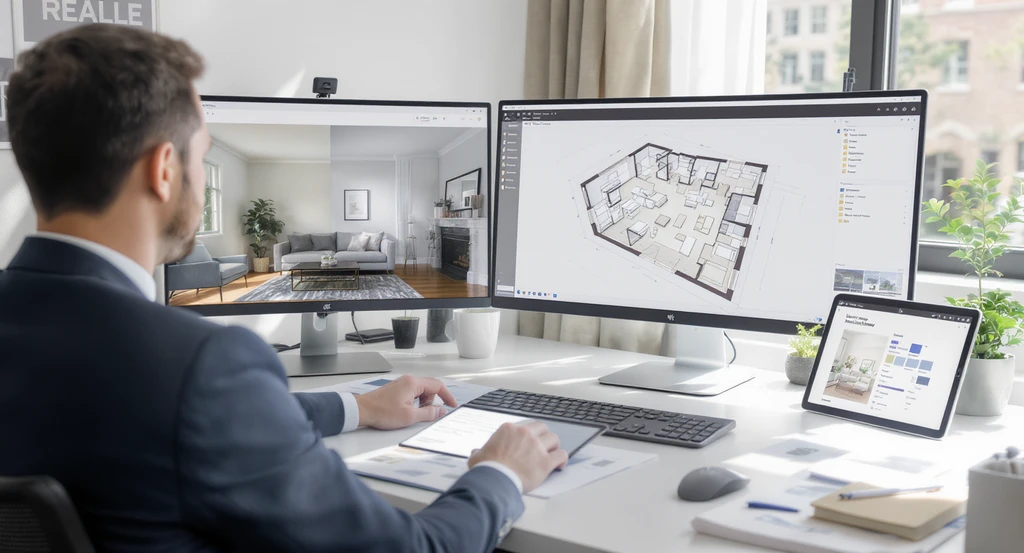 Modern real estate agent desk with dual monitors showing virtual staging and floor plan tools, plus AI-powered renovation preview on tablet; demonstrates how AI accelerates real estate listings, improves response time, and reduces revenue friction.