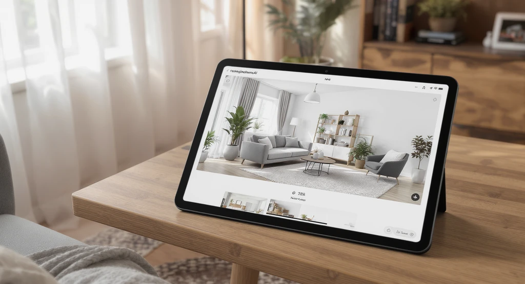AI visualization software on a tablet helps test small apartment living room layout ideas, optimizing how to arrange furniture and lighting for maximum space.