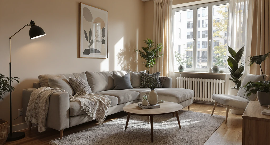 Photorealistic image of a small apartment living room with poorly arranged furniture blocking pathways and natural light, illustrating common mistakes in small apartment living room layout ideas and how to arrange furniture in a small living room for maximum flow.