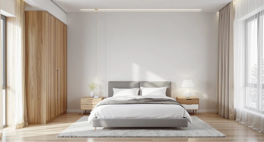 Modern bedroom design ideas for 2026 shown: balanced layout with a bed covering 65% of the main wall, clear floor space, and perfectly layered lighting.