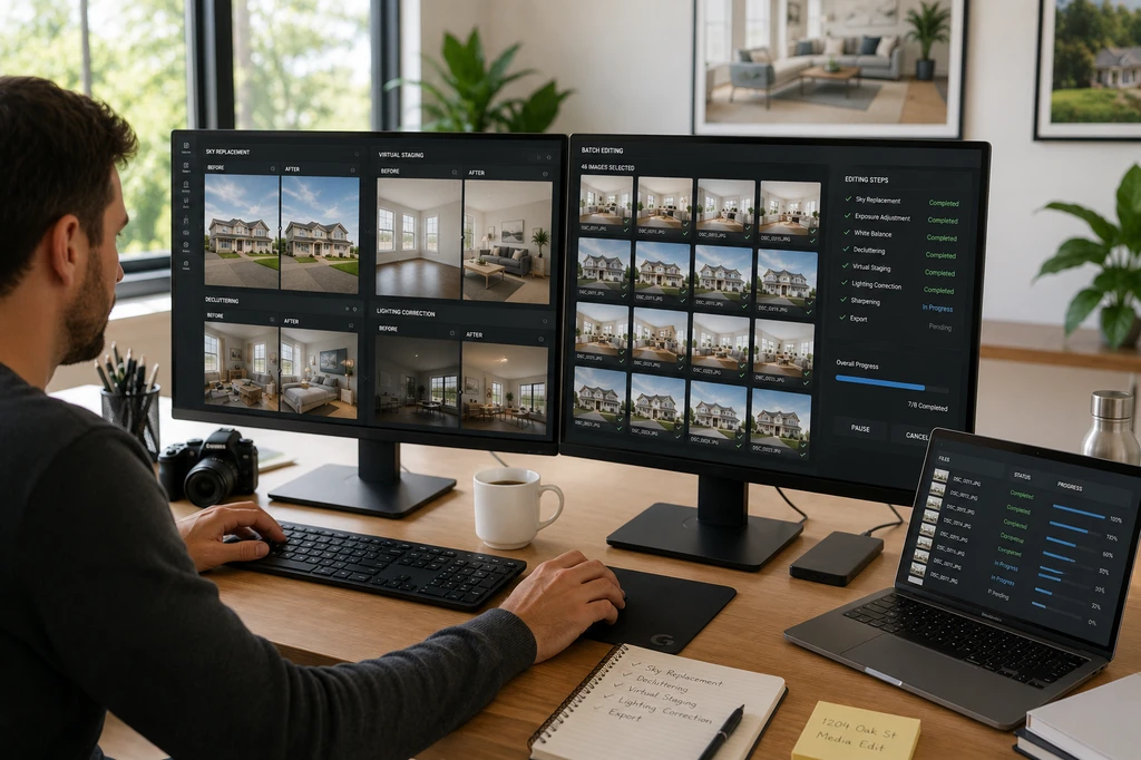 AI-powered real estate photo editing workflow with automated enhancements and virtual staging.
