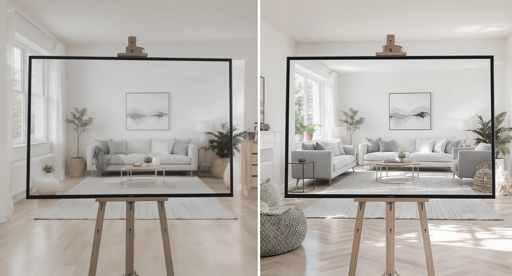 Modern living room with empty and digitally staged versions side-by-side, showcasing ai vs traditional real estate marketing for listings, visual staging strategies, and how ai improves real estate listing performance.
