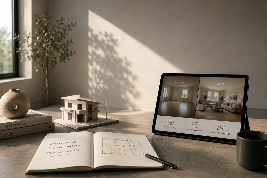 Minimalist real estate marketing scene with balanced AI and trust blocks beside listing materials and performance analytics.