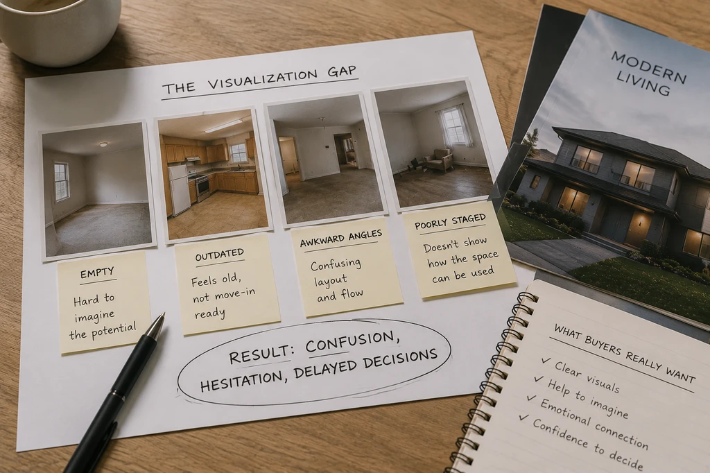 Real estate marketing concept showing empty rooms, outdated photos, and awkward layouts causing buyer confusion and uncertainty