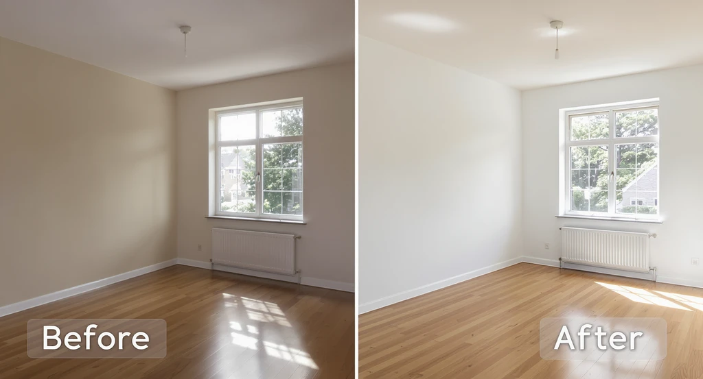 Split-view of a living room showing common virtual staging mistakes that hurt conversions, like digitally altering walls, windows, and floors, which impacts buyer trust and listing photo optimization.