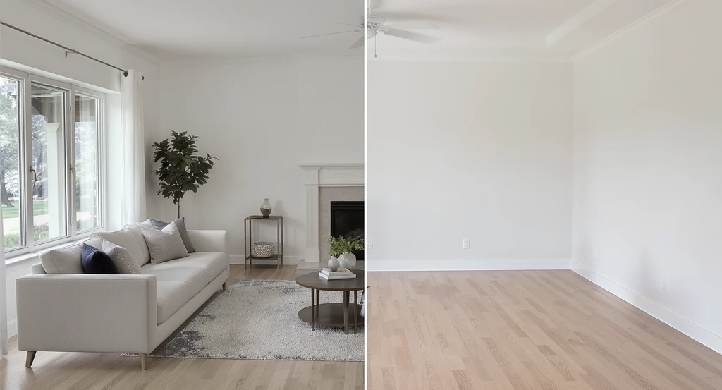 A photorealistic living room showing one side with virtual staging errors—unrealistic shadows and scale—and the other side empty, illustrating how virtual staging mistakes can hurt listing conversions and buyer trust.