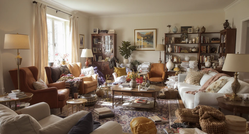 Photorealistic living room virtually staged with excessive furniture and decor, illustrating virtual staging mistakes that hurt conversions and impact buyer trust.