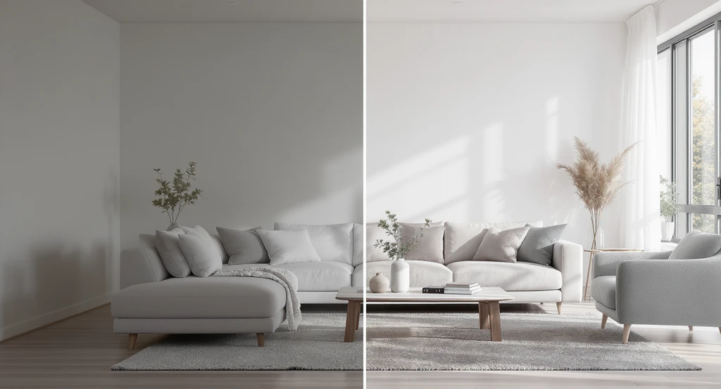 MLS compliant virtual staging tips shown in a split-view living room, displaying best practices for transparent listing photos with realistic, physically possible furniture placement. Discover how to use virtual staging without MLS violations for selling homes faster.