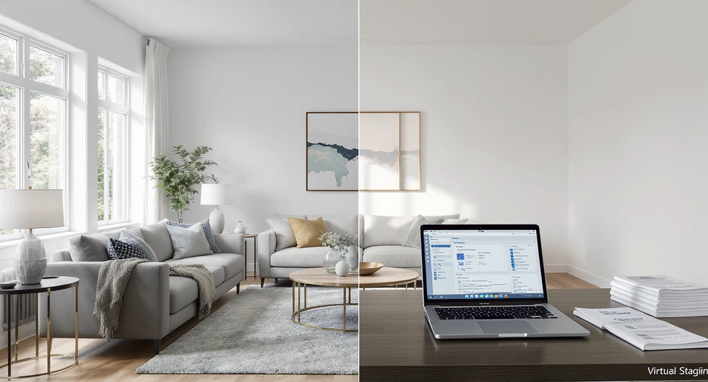 Photorealistic split-screen living room, half virtually staged and half empty, illustrating how to use virtual staging without MLS violations and best practices for transparent listing photos.