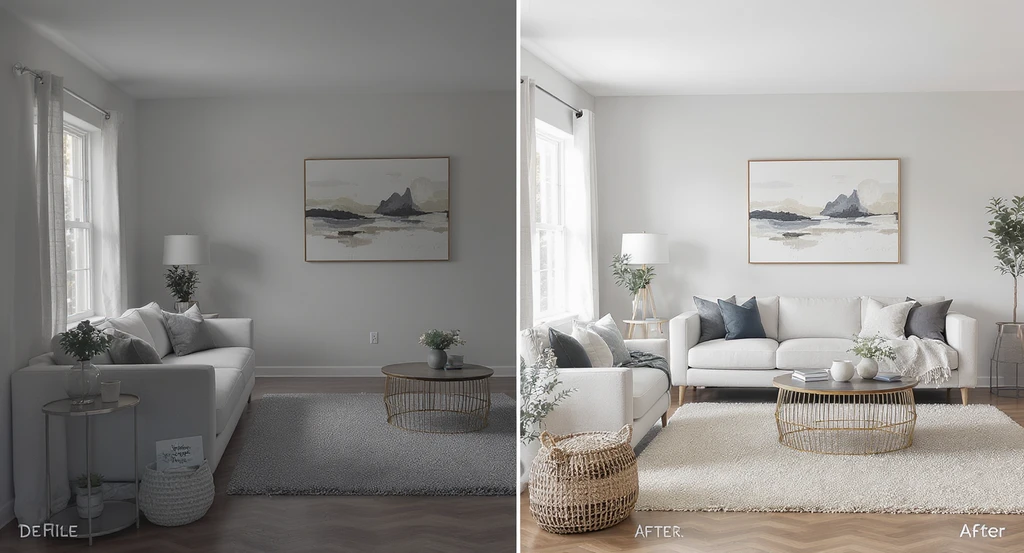 MLS compliant virtual staging tips: side-by-side living room before and after, highlighting best practices and transparent photo disclosure for how to use virtual staging without MLS violations.