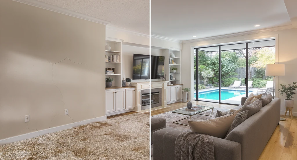 Editorial living room scene showing before-and-after virtual staging. Left: cracks, stains, outdated floors. Right: digitally altered, flawless space. how to use virtual staging without MLS violations, mls compliant virtual staging tips, best practices for transparent listing photos.