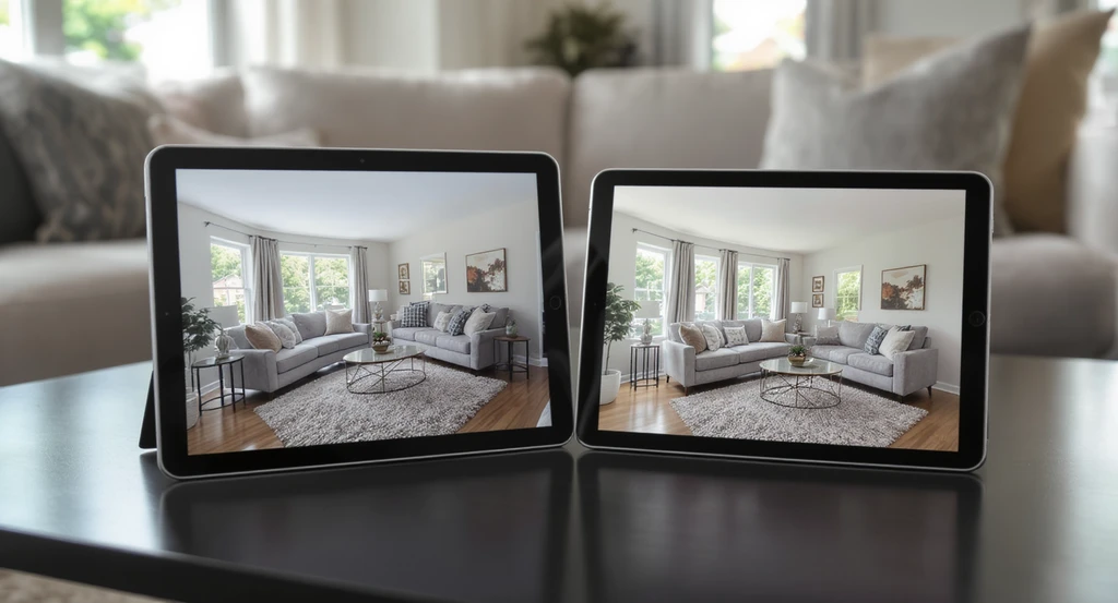 Side-by-side comparison of over-edited AI listing photo and authentic real estate photo on a tablet in an actual living room, showing impact on buyer trust and real estate visualization transparency.