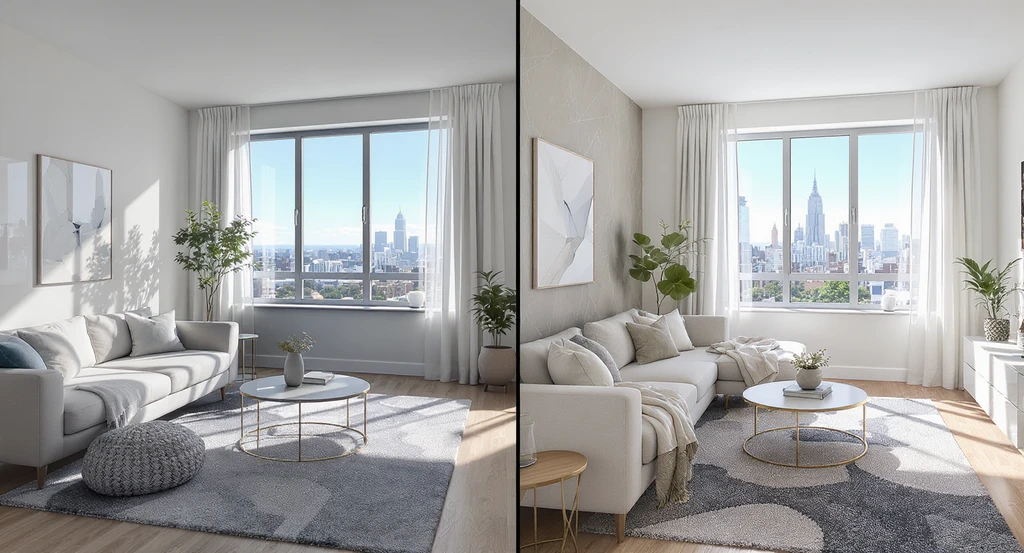 Split-screen of a modern living room comparing authentic AI-enhanced listing photo edits with over-edited, AI-manipulated changes to show impacts on real estate buyer trust.