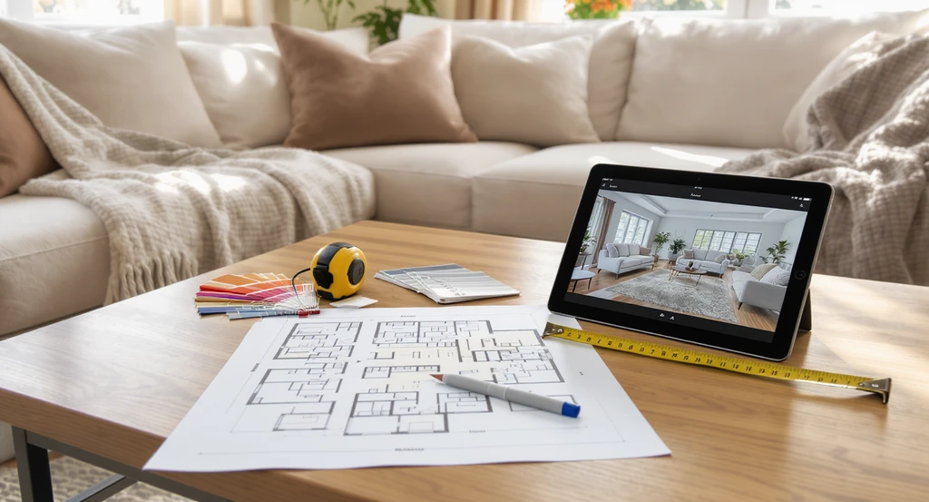 Realistic living room showing physical floor plan, material samples, measuring tape, and a tablet previewing ai interior design vs real homes for how ai visualization helps homeowners make effective, practical choices.