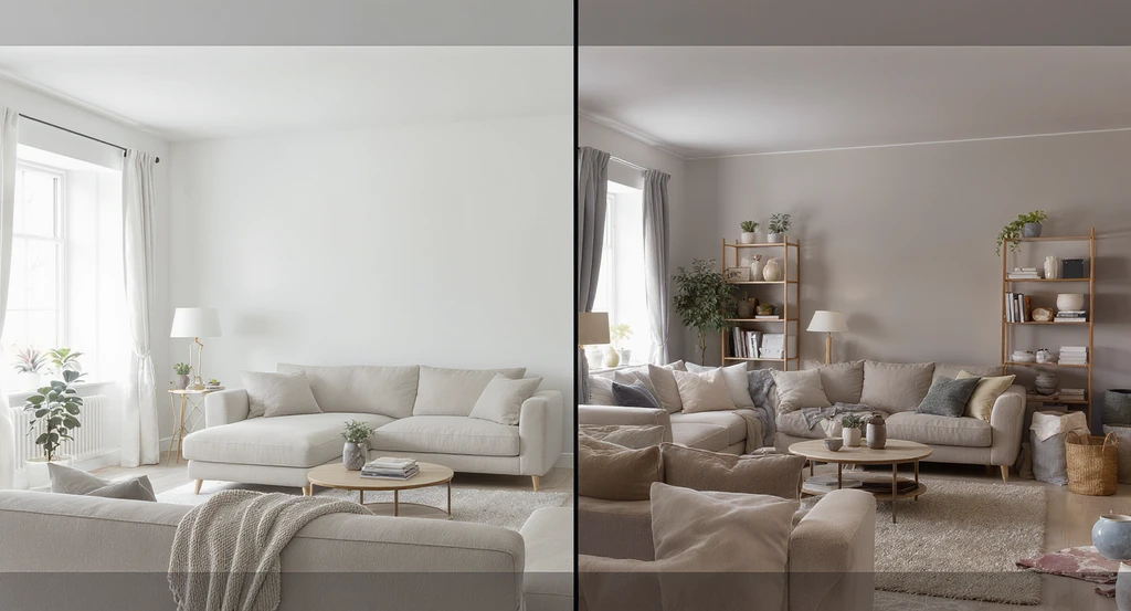 Side-by-side living room comparison: an idealized, spacious AI-designed interior next to a real home showing clutter, uneven lighting, and crowded furniture, illustrating ai interior design vs real homes and how ai visualization helps homeowners understand functional limitations of ai designed rooms.