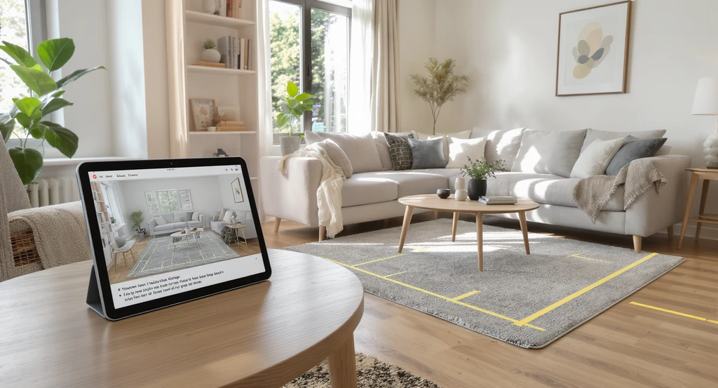 A photorealistic living room with a digital tablet previewing alternate furniture layout, showcasing how ai visualization helps homeowners assess arrangement, scale, and real-world function in ai interior design vs real homes.