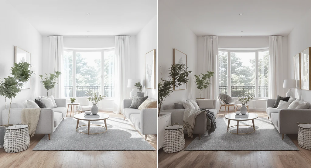 Split-view of a modern living room comparing a flawless AI interior design vs real homes, showing how AI visualization helps homeowners discover functional limitations of AI designed rooms and the benefits of combining AI tools with human judgment to prevent renovation mistakes.