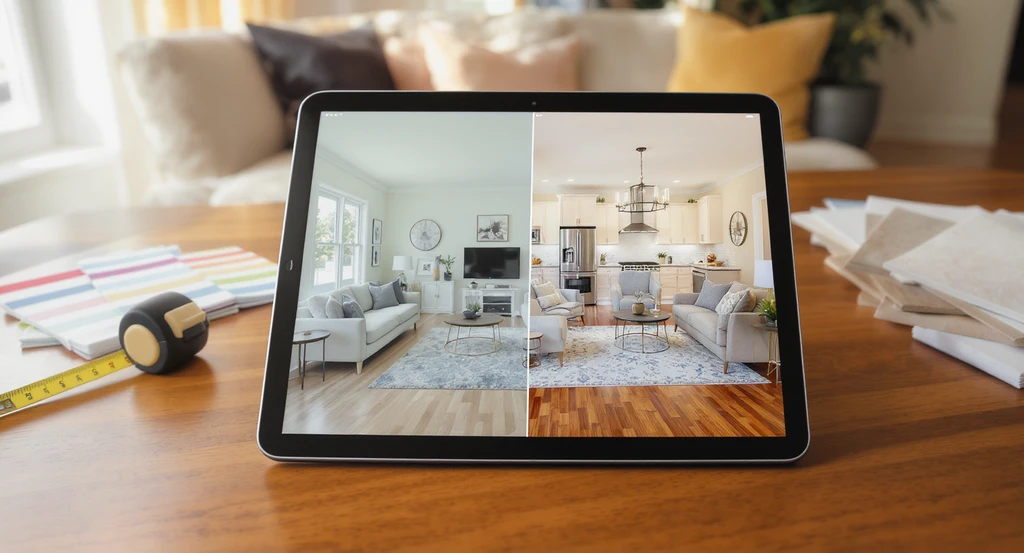 Photorealistic image of a living room shown on a tablet: left side displays original room, right side previews AI-generated renovations with new flooring, wall colors, cabinetry, and lighting. Demonstrates ai home visualization before renovating, using ai to preview room designs, benefits of ai interior design tools, and how to avoid renovation mistakes with ai.