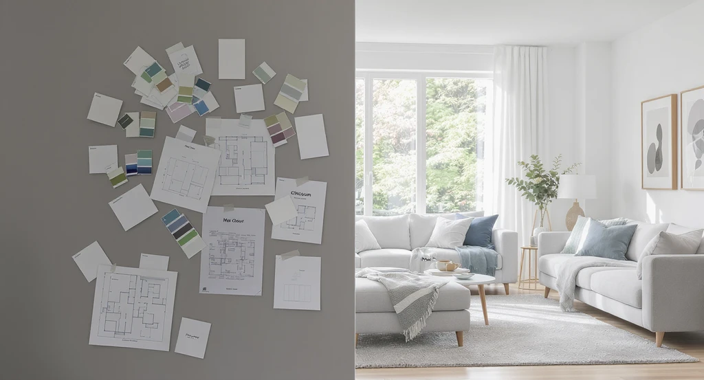 Photorealistic split-view of a living room showing traditional renovation planning with samples and plans on one side, and a completed AI-visualized design on the other, illustrating benefits of AI home visualization before renovating, using AI to preview room designs, and how to avoid renovation mistakes with AI interior design tools.