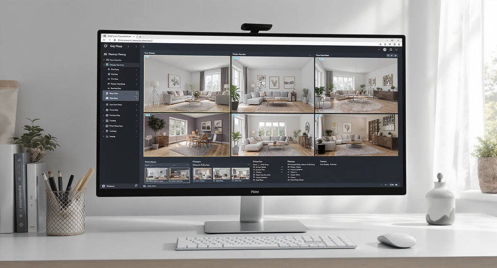 Photorealistic modern living room displayed on a monitor, showing AI home visualization before renovating with multiple room design preview options and cost estimates.