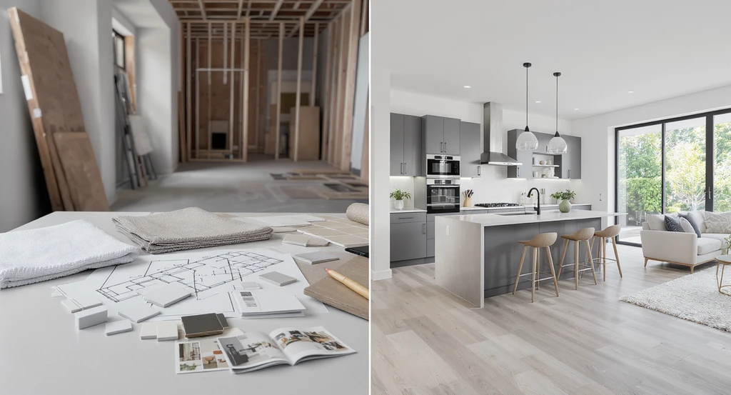 Photorealistic split-screen showing ai home visualization before renovating; left side displays renovation samples and hand-drawn plans, right side previews full room design using ai interior design tools and natural lighting.