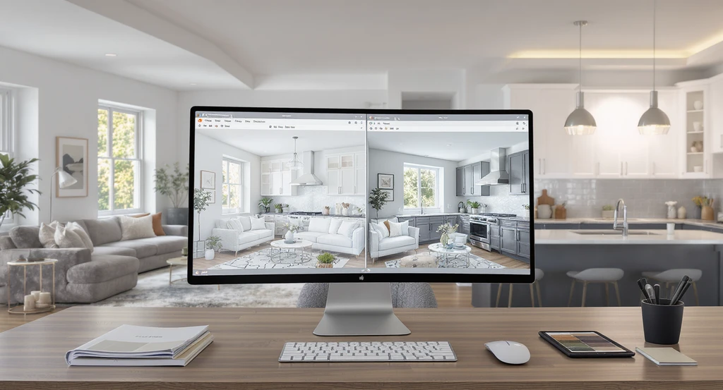 AI home visualization before renovating shown on a computer, using AI to preview room designs, compare options, and avoid renovation mistakes with both digital and physical samples visible.