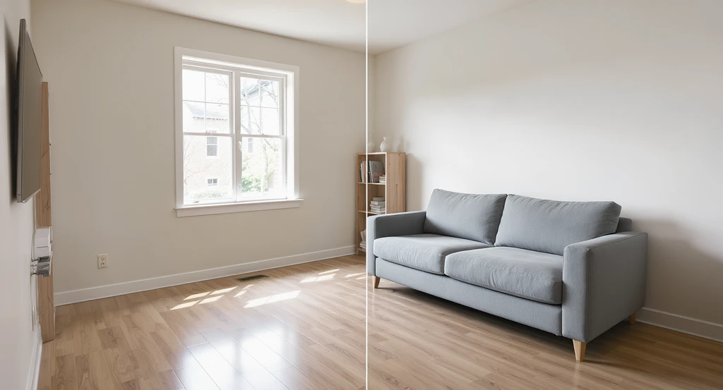 Photorealistic living room with digitally placed sofa, demonstrating ai visualization for furniture shopping and previewing furniture in your room with ai.