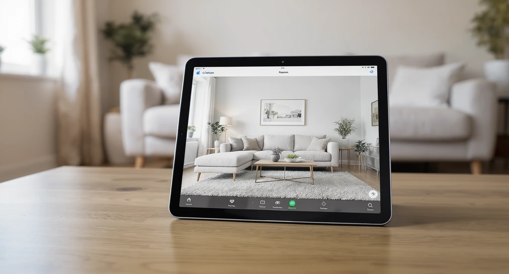 Modern living room with a tablet on a coffee table displaying an AI visualization preview of alternative furniture for room layout planning and style matching.
