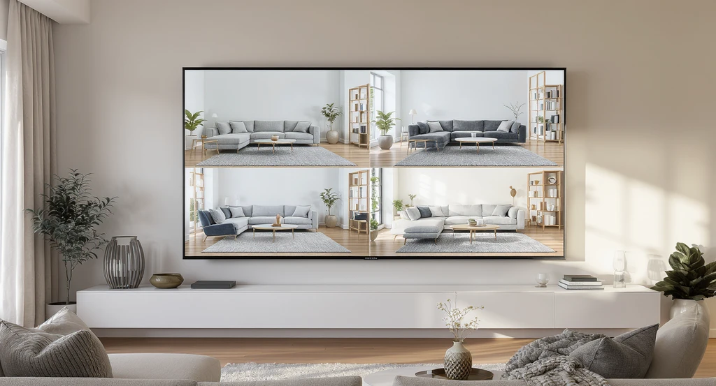 Realistic living room with a wall-mounted screen displaying AI visualizations comparing multiple furniture layouts and styles, showing how AI home design tools help homeowners preview furniture in their room and improve room layout planning.