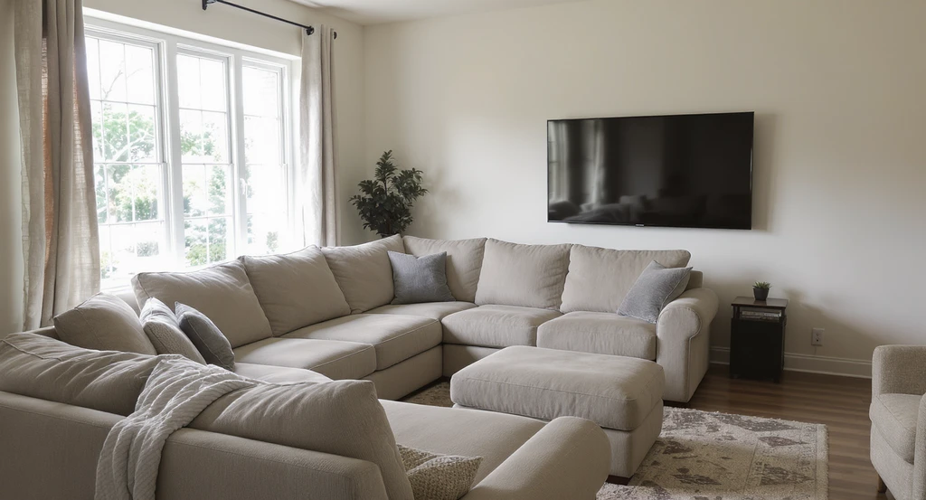Photorealistic living room showing how ai visualization helps furniture shopping by previewing a large sectional that disrupts room layout and flow.