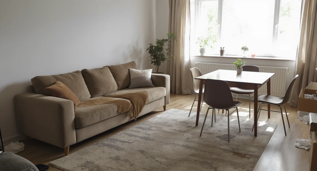 A photorealistic living room shows an oversized sofa and cramped dining table awkwardly fitting the space. This illustrates how ai visualization for furniture shopping and ai home design tools help preview furniture in real rooms before buying.