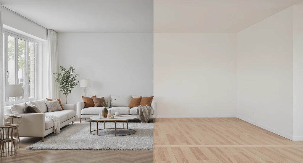 Split-view photo of a staged living room next to an empty dining area highlights why staging multiple rooms sells homes and the impact of consistent virtual staging.