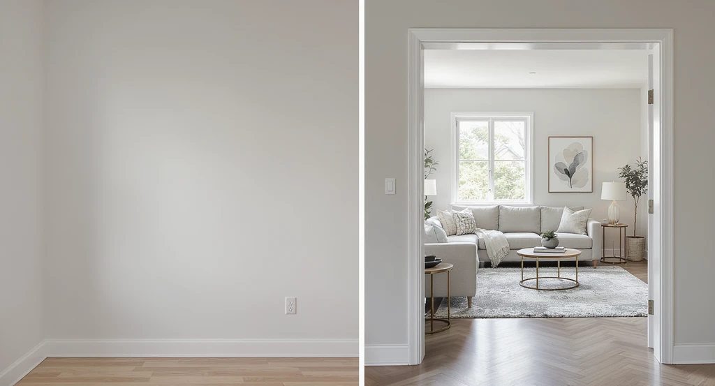Editorial photo showing an empty bedroom next to a fully staged living room, illustrating why staging multiple rooms sells homes and the impact of consistent virtual staging over common mistakes with listing photos.