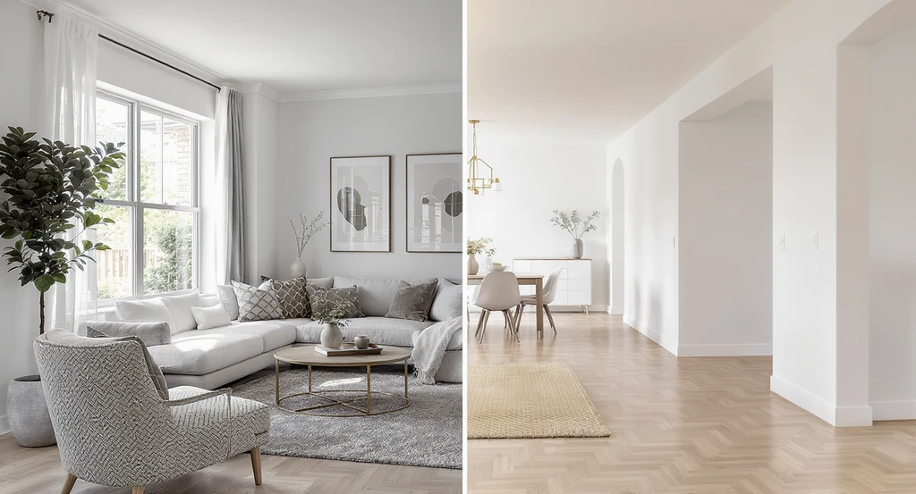 Photorealistic staged living room with modern furnishings next to empty, unfurnished dining and hallway, illustrating why staging multiple rooms sells homes by showing the impact of consistent virtual staging and a common mistake with listing photos.