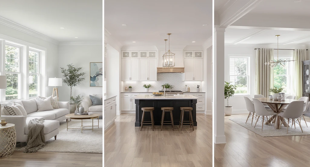 Open-concept home showing living room fully staged, kitchen partially staged, and dining room empty, illustrating why staging multiple rooms sells homes and the impact of consistent virtual staging on listing photos. Editorial, photorealistic style with natural lighting.