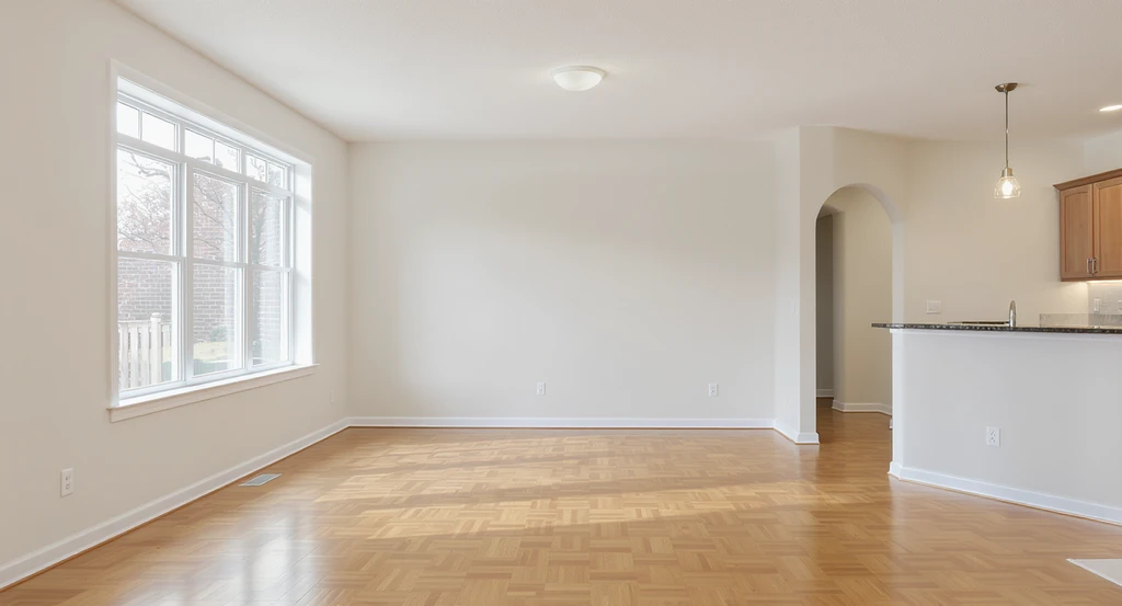 Unfurnished modern living room and dining area in natural daylight, exemplifying essential listing photos to virtually stage and optimize real estate listings for home sellers.