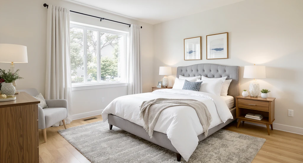 Essential listing photo of a virtually staged primary bedroom showing a queen bed, nightstands, lamps, and natural textures for effective real estate marketing.