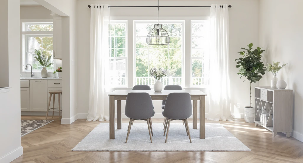 Photorealistic virtually staged dining room with a proportionate table and chairs, optimizing essential listing photos to virtually stage and highlight dining area flow.