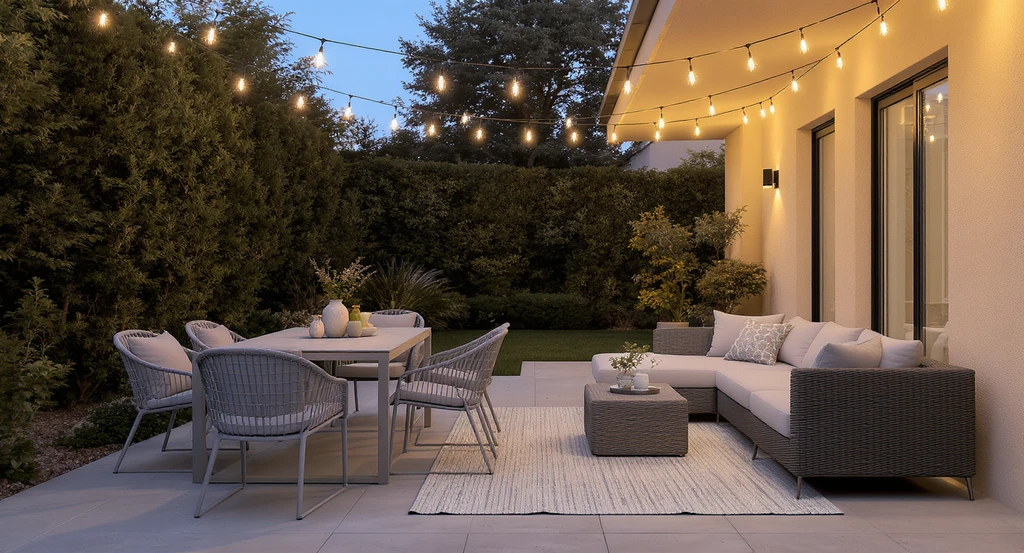 Photorealistic image of a modern patio with simply staged dining set and sectional seating, optimized for essential listing photos to virtually stage and show how to optimize real estate listing photos, illustrating virtual staging strategies for home sellers and the impact of staged photos on home sales by highlighting one of the best rooms to stage in a listing.