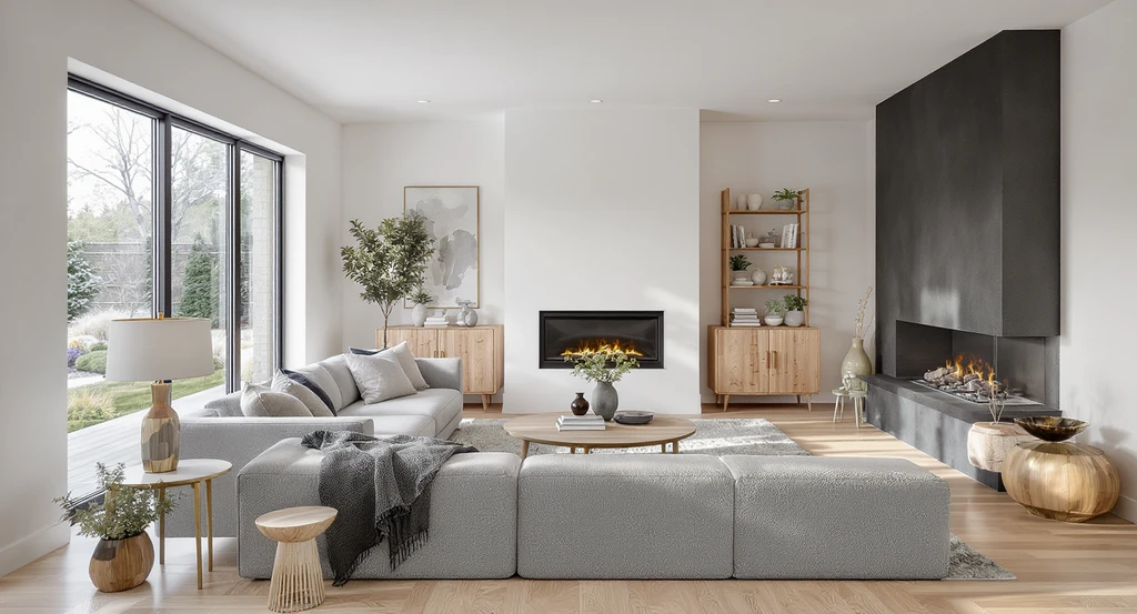 Virtually staged living room with a well-scaled sofa, clear traffic paths, and a central fireplace, demonstrating essential listing photos to stage and optimize real estate listings for home sellers.